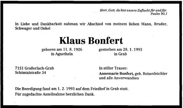 Bonfert Klaus 1926-1993 Todesanzeige